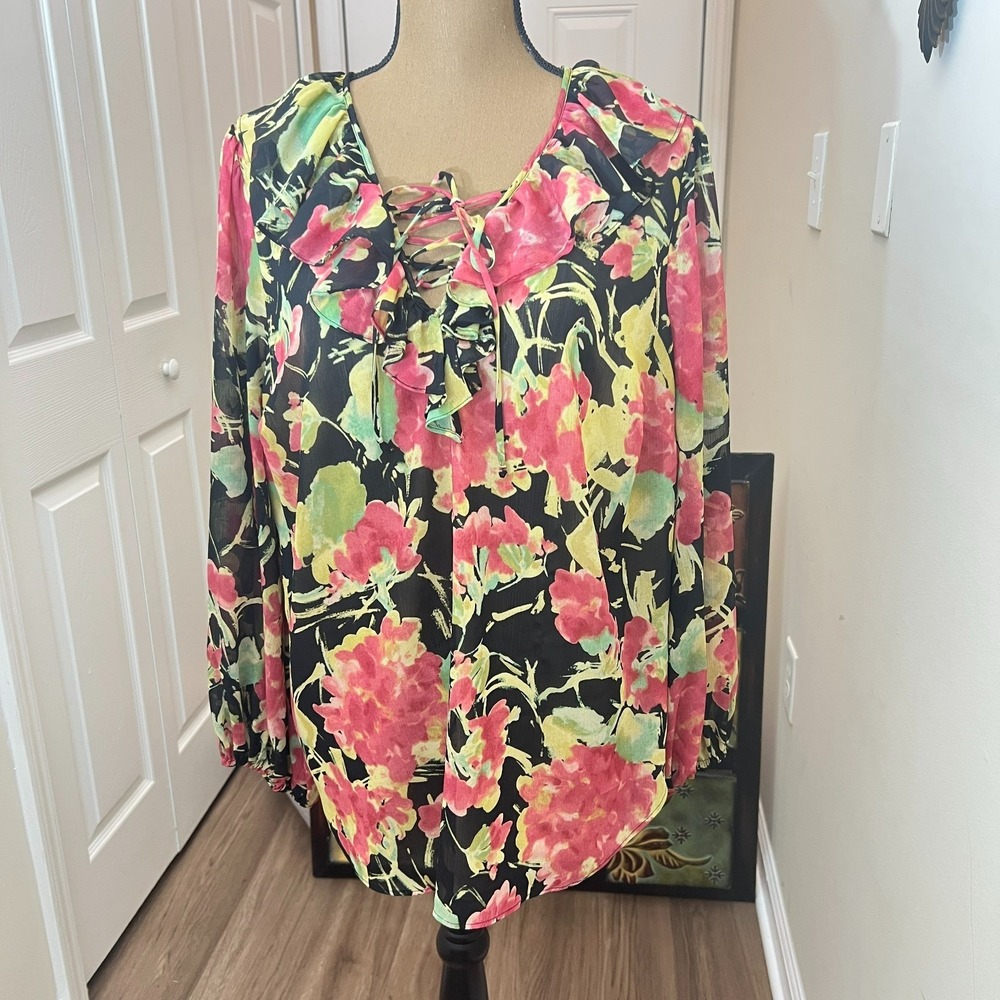 Lauren‎ Ralph Lauren Floral Georgette Lace Up Ruffle Peasant Blouse